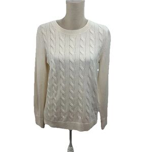 Talbots White Cable Knit Crewneck Sweater Womens Large Classic Long Sleeve